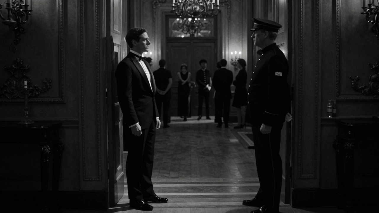 Фигура в смокинге стоит у двери, где человек в чёрном костюме кивает, в атмосфере тишины и ритуала.