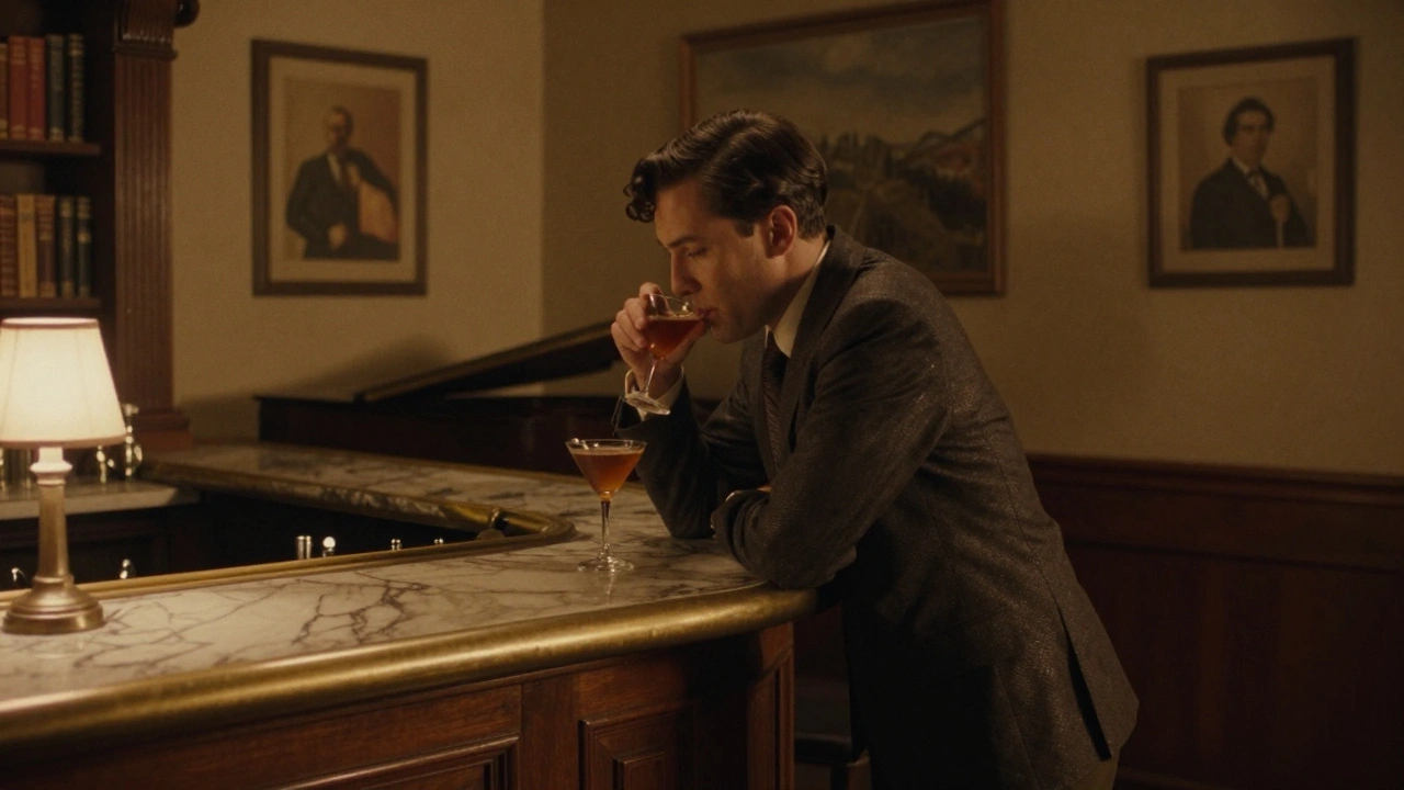 Модель у бара в подвале Bar 1907, мягкий свет и атмосфера 1920-х.