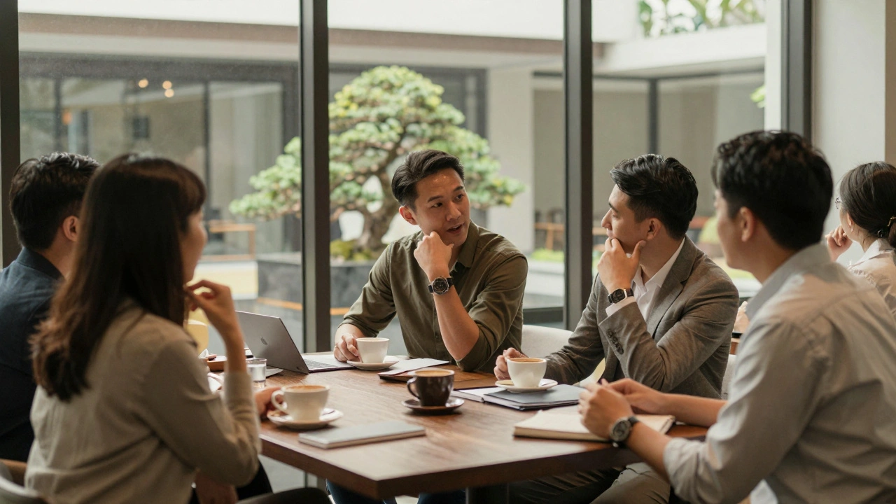 Профессионалы общаются за кофе на бизнес-встрече в Сингапуре, акцент на искреннем диалоге, без гаджетов.