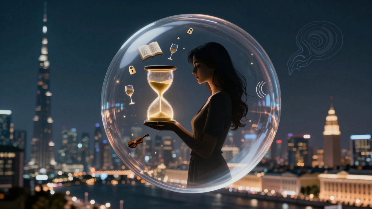 Прозрачная сфера с песочными часами и символами культуры, парящая над городом, символизирующая ценность времени и интеллекта.