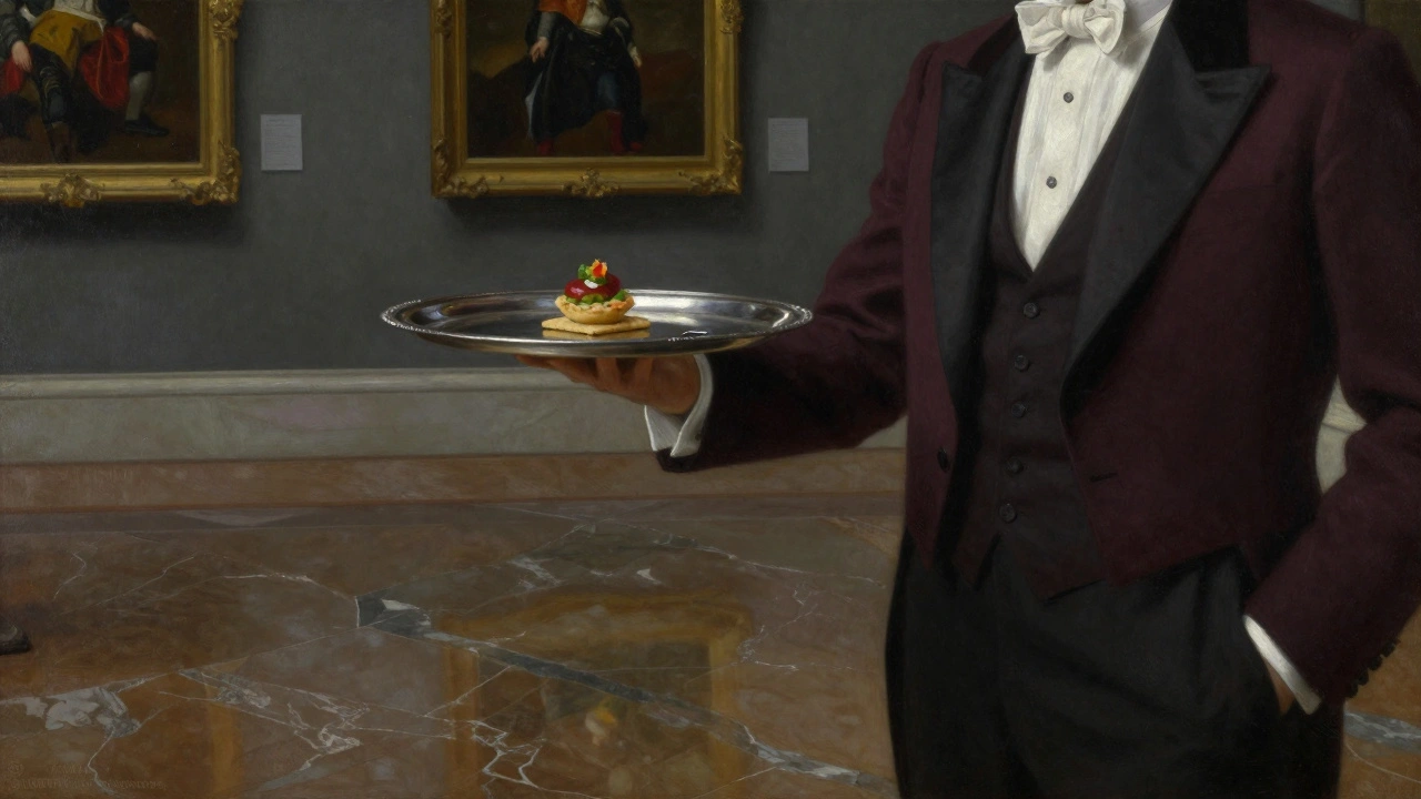 Серебряный поднос с закуской предлагают мужчине в смокинге в частной галерее с антикварными картинами.