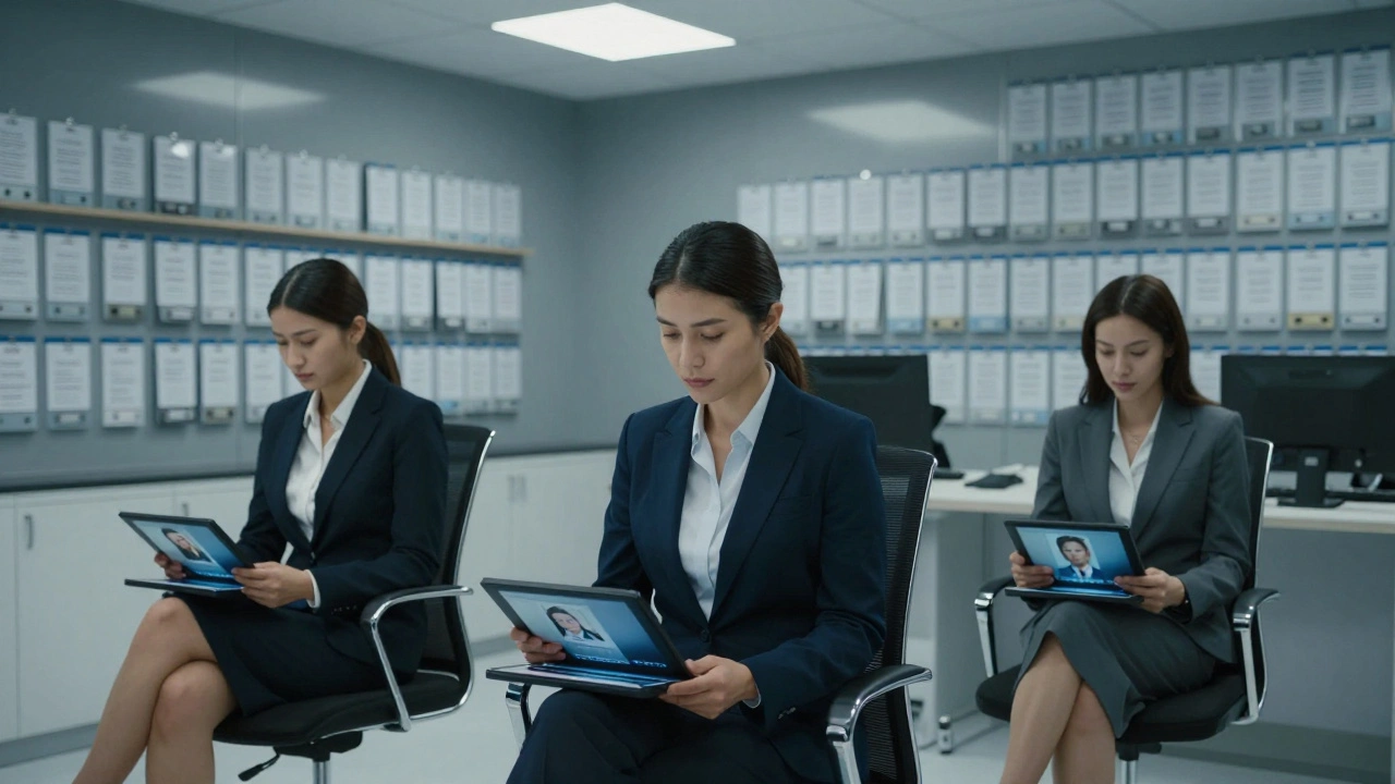 Три женщины в костюмах анализируют закрытые профили клиентов в современном офисе.