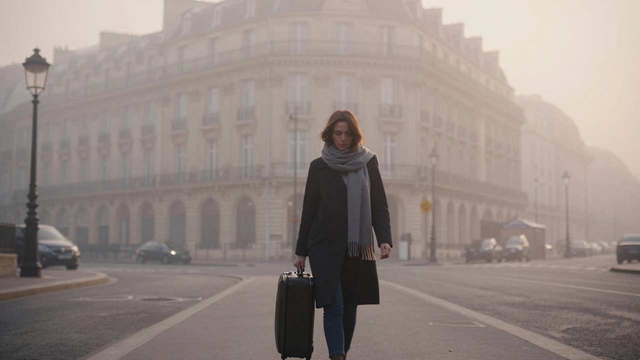 Женщина уходит в тумане по улице Парижа с чемоданом, отель позади растворяется в тумане.